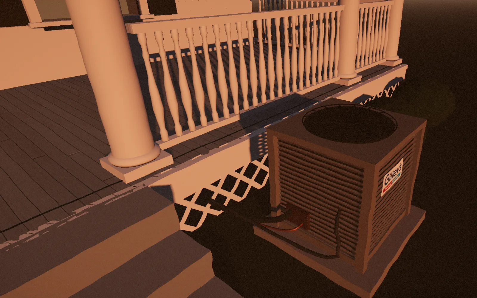 An outdoor air conditioning unit beside the porch steps at dusk, with a Gilley’s sticker on its side