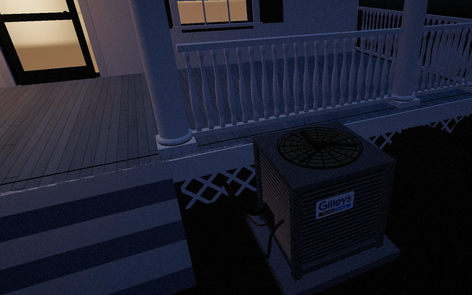 The outdoor air conditioning unit running beside the porch at blue hour, the air clear