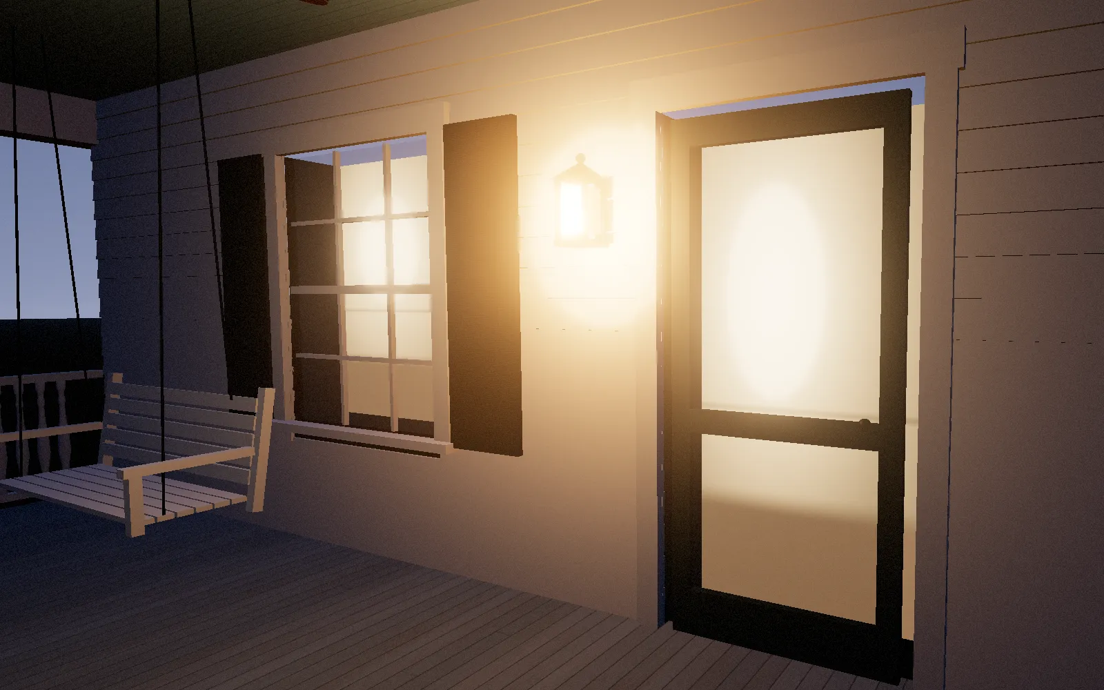 The screen door and a window glowing with lamplight on a porch at dusk, a swing to one side