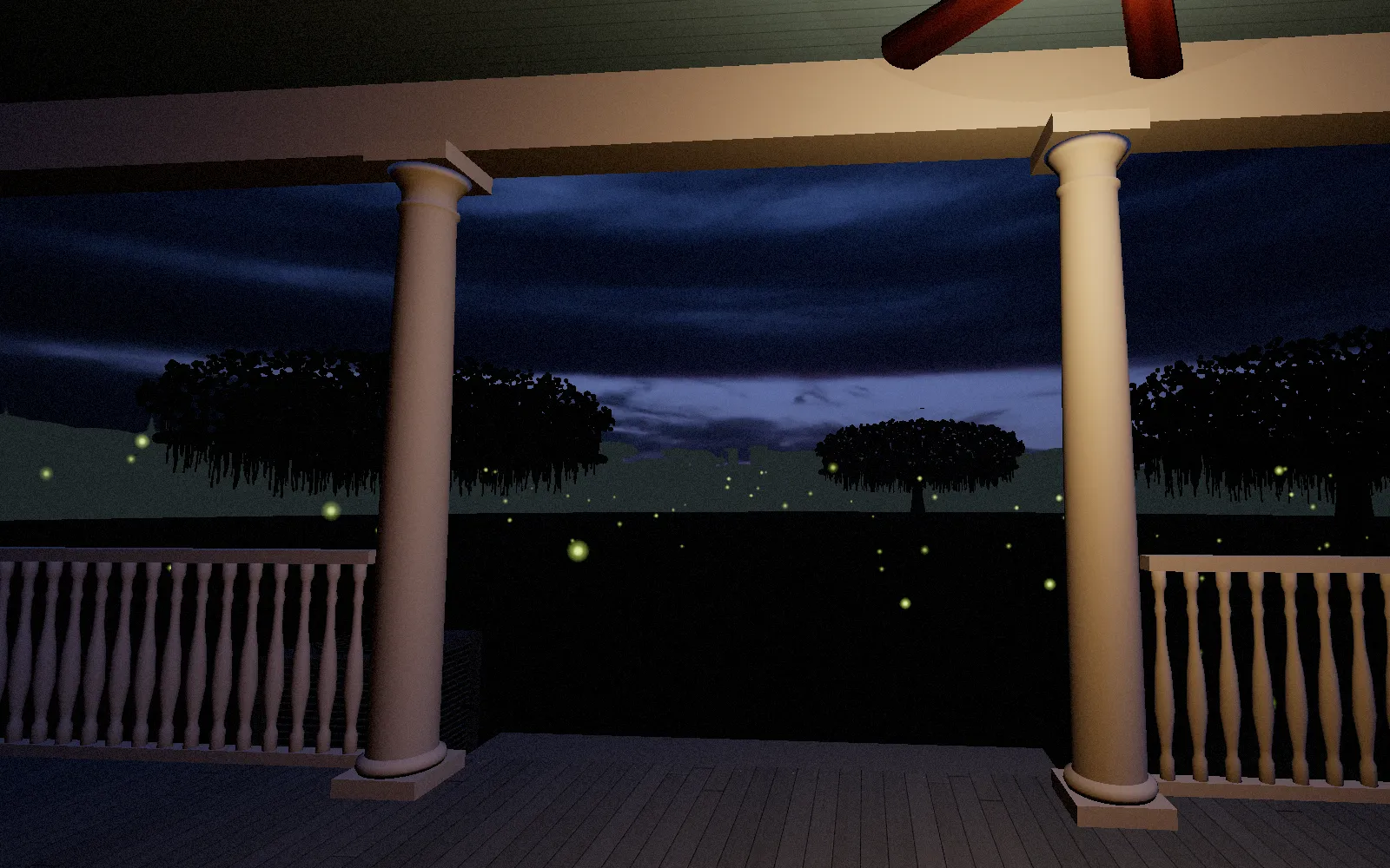The same porch at night, with fireflies in the yard and a porch light on